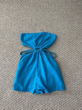 Alice Elle Turquoise Blue Strapless Cutout Romper with Braided Ties